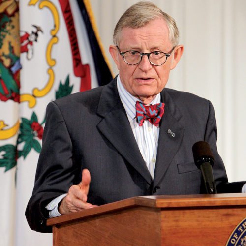 Photo courtesy of the West Virginia Press Association West Virginia University President Gordon Gee talks about the collaboration between West Virginia University, West Virginia Department of Commerce and Marshall University and the summary of findings of a study titled 'West Virginia Forward: Maximizing our Opportunities for Prosperity' during a press conference at the West Virginia Capitol in Charleston on Wednesday.